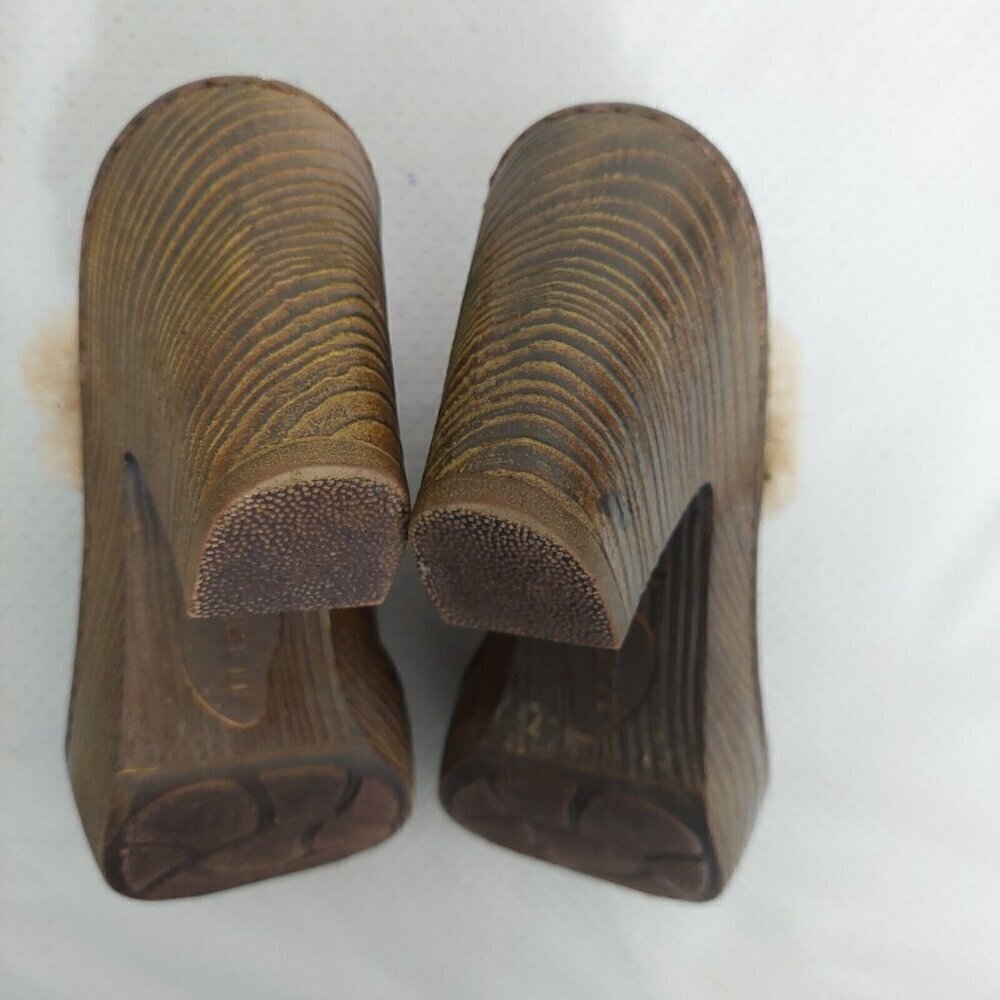 Born Y2K 90’s Brown Leather Shearling‎ Trim Mules Heels Chunky Platform Size 7M - Picture 8 of 10